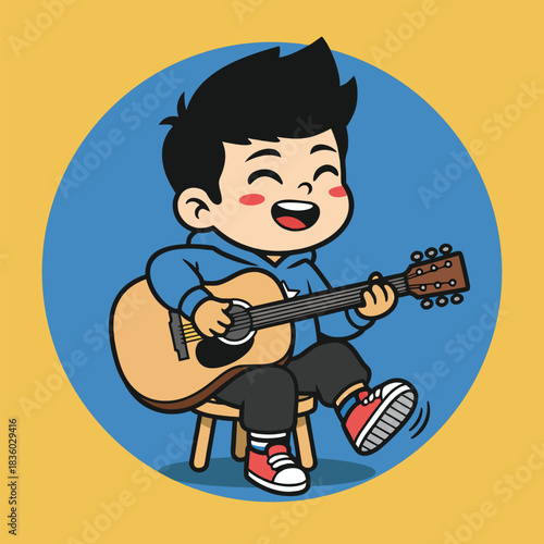 Cartoon boy playing guitar with joy and enthusiasm.