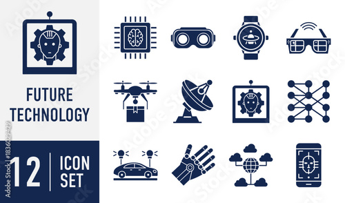 Future Technology icons set. showcasing ai, robotics, virtual reality, smart devices, automation, and advanced connectivity solutions. Vector. Solid icon collection