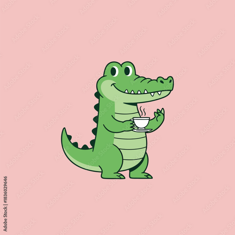 Obraz premium Cartoon crocodile enjoying a cup of tea.