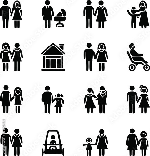 Diverse family and relationship dynamics presented through simple iconographic representations
