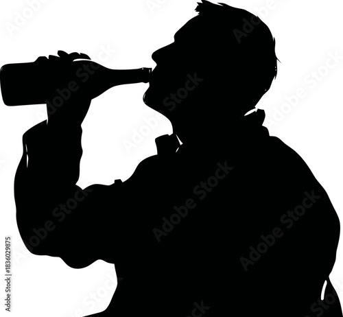 Silhouette portrait reflecting the action of drinking a beverage from a bottle posture