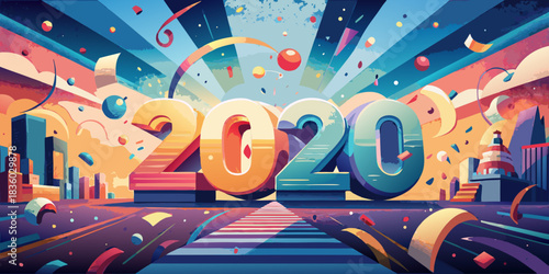 Vibrant 2020 new year celebration with confetti balloons and city skyline in a colorful abstract background