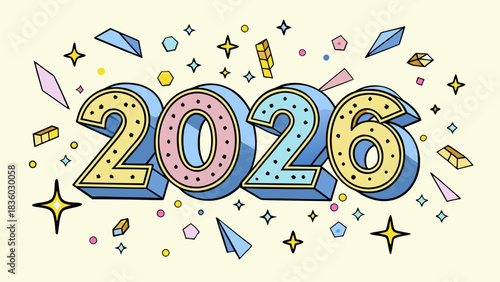Vibrant 3d numbers spelling out the year 2026 with a festive explosion of confetti stars and geometric shapes in pastel colors
