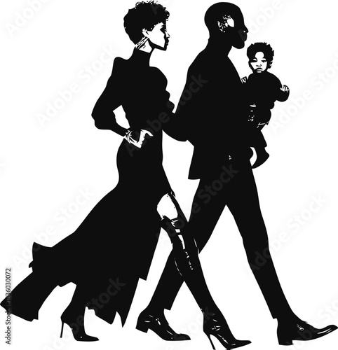 Stylized African American family portrait in silhouette art conveying elegance and unity