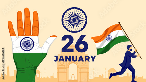 Illustration of India's Republic Day with flag, hand, and India Gate on a beige background.