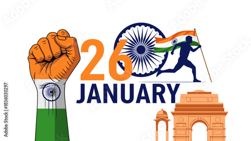 Indian Republic Day illustration with fist, runner, flag, and India Gate.