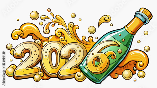 Festive 2026 new year celebration with a champagne bottle and splashing bubbly liquid in vibrant yellow and green colors