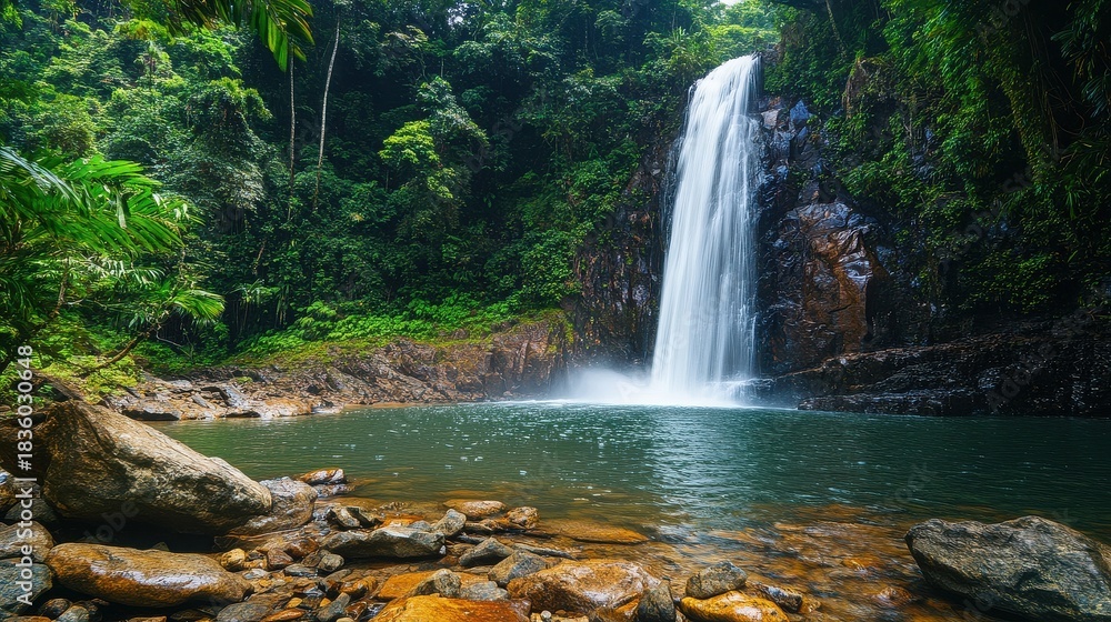 Obraz premium Lush rainforest embraces a tropical waterfall cascading into a serene pool in Dominica