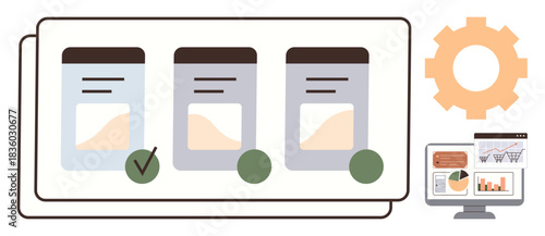Comparison cards with graphs, checkmark for selection, cogwheel, and monitor displaying data dashboards. Ideal for data analysis, comparison, decision-making, workflow, productivity planning simple