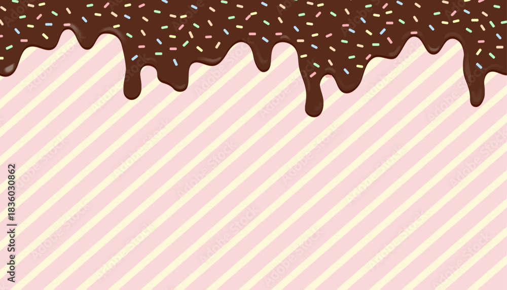 Fototapeta premium Chocolate frosting drip border with colorful sprinkles on diagonal pink and yellow striped background. Sweet for bakery, party invitations, birthday cards, or dessert advertisements.