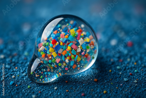 Colorful microplastic particles inside transparent water droplet macro concept, environmental pollution symbolism with vibrant plastic fragments on blue surface, sustainability awareness, ocean contam