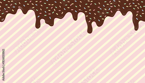 Chocolate frosting drip border with colorful sprinkles on diagonal pink and yellow striped background. Sweet for bakery, party invitations, birthday cards, or dessert advertisements.