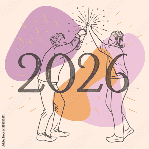 2026 celebration sketch, people high-fiving, fireworks clip art preview