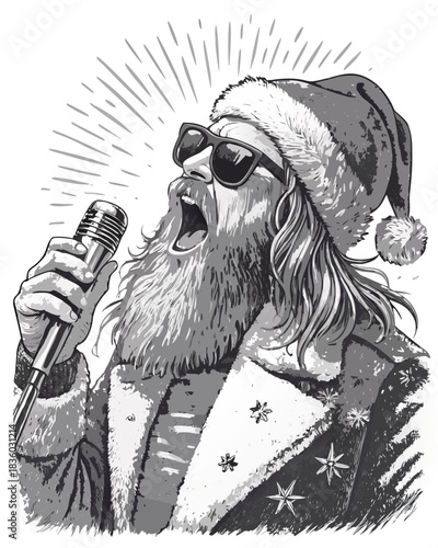 Rockstar Santa Singing Karaoke – Funny Rock Star Santa Claus Christmas Illustration with Microphone