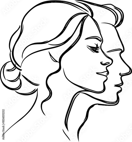 Contrasting silhouettes of a couple in an abstract line drawing evoking connection