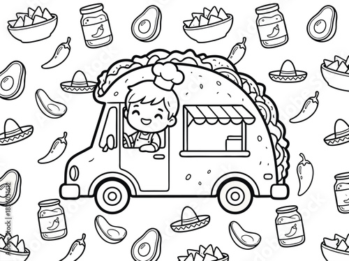 Adorable Taco Truck Coloring Page Illustration.