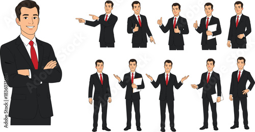 Businessman cartoon character wearing suit and red tie, professional male avatar with multiple gestures and poses, corporate illustration set isolated