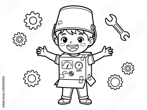Boy in Robot Costume Coloring Page Illustration.