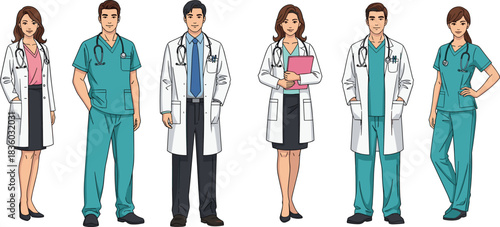 Medical doctors and nurses team standing in hospital uniform with stethoscope, healthcare professionals group illustration isolated on white background