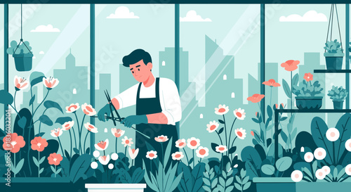 Man tending floral abundance in modern greenhouse against city backdrop