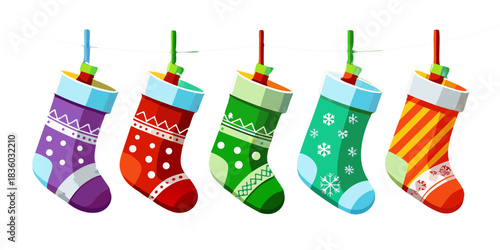 Vector illustration of five cute Christmas stocking socks hanging in a neat collection, featuring festive patterns and colors, displayed cleanly on white background for holiday designs