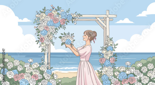 Preparation for coastal wedding with flower decoration and cheerful bride