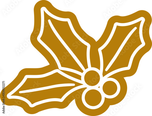 Festive White sugar icing gingerbread holly Icon.
Winter Christmas Holly Ginger Cookies flat vector Illustration.
Gingerbread Edge Holly Leaf and Berries Clipart.
Transparent background.