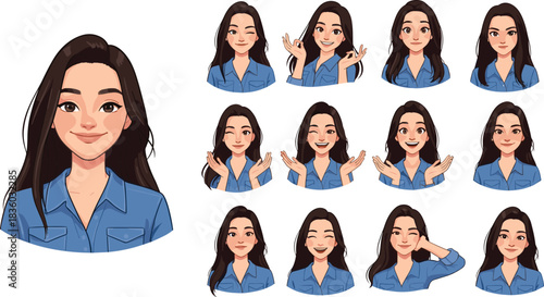 Smiling young woman cartoon character showing different facial expressions and hand gestures, friendly female avatar illustration set isolated on white background