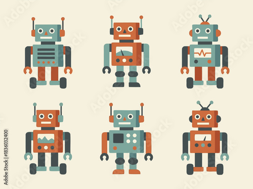 Collection of Retro Style Robot Illustrations.