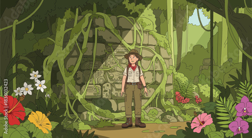 Adventurer discovering ancient ruins overgrown with vines in lush jungle