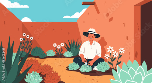 Person tending a lush arid garden in a courtyard with terracotta walls