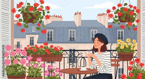 Charming Parisian Balcony Scene: Woman Enjoying Coffee Amidst Floral Beauty