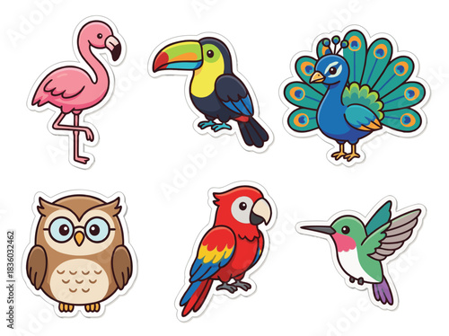 Colorful Cartoon Bird Stickers Collection Illustration.