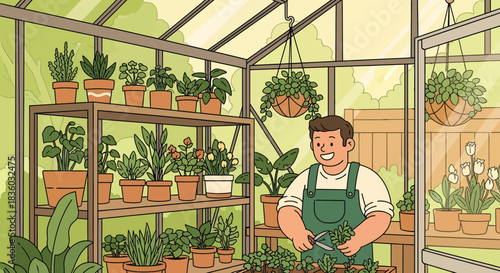 Cartoon illustration of a smiling gardener tending to plants inside a greenhouse