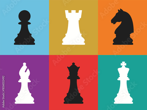 Colorful Chess Pieces on Geometric Background Design.