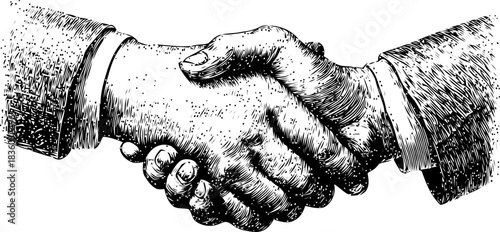 Engraved handshake illustration symbolizing partnership, collaboration and agreement