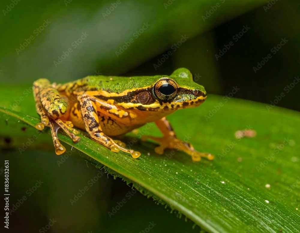 Obraz premium A vibrant frog sits on a large, green leaf amidst lush, dark foliage