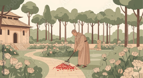A peaceful moment: Monk tending to garden in tranquil monastery landscape illustration