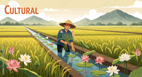 Asian Farmer Cultivating Lotus Flowers in Tranquil Rice Paddy Landscape