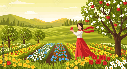 A serene orchard scene with a woman picking apples in a blossoming field