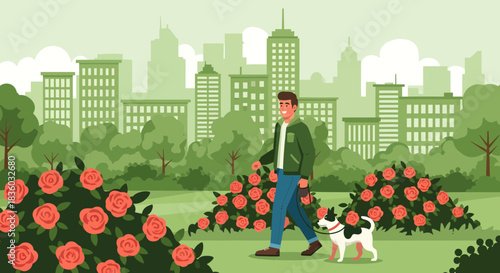 Urban Harmony: Man and Dog Strolling Through a Blooming City Park Landscape