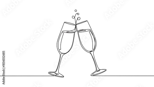 One line art of  a minimalist line drawing of two champagne glasses toasting with bubbles on a white background design