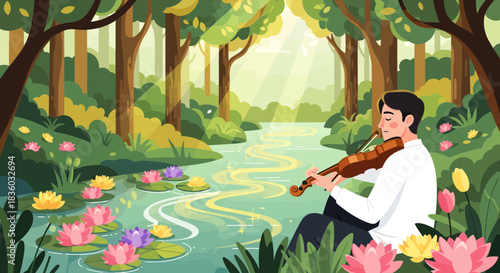 Serene forest melody: A violinist's peaceful performance in nature