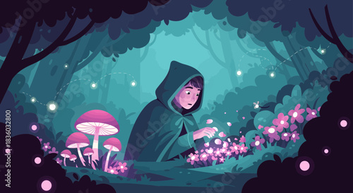 Enchanted Forest Encounter: Cloaked Figure Amidst Bioluminescent Flora and Fungi