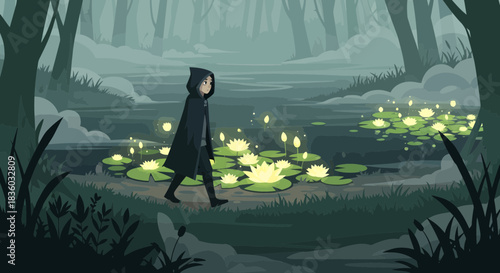 Solitary figure in a dark cloak navigates a tranquil pond in a misty forest