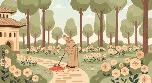 Monk tending to a tranquil garden near traditional japanese architecture