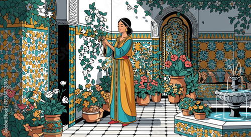 Elegant woman in a Moroccan courtyard surrounded by lush vegetation and ornate details