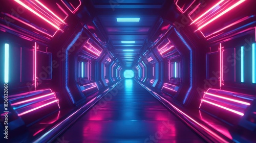 Fototapeta Naklejka Na Ścianę i Meble -  Futuristic neon symmetry tunnel with pink and blue lights, sci-fi corridor