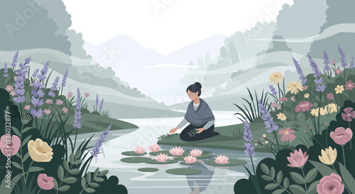 Woman's Tranquil Moment by a Flower-Adorned Riverbank in a Mountainous Landscape