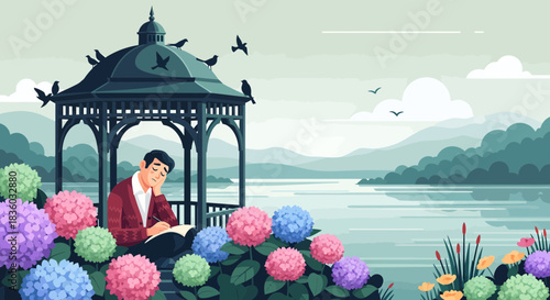Contemplative writer in lakeside gazebo surrounded by vibrant hydrangeas
